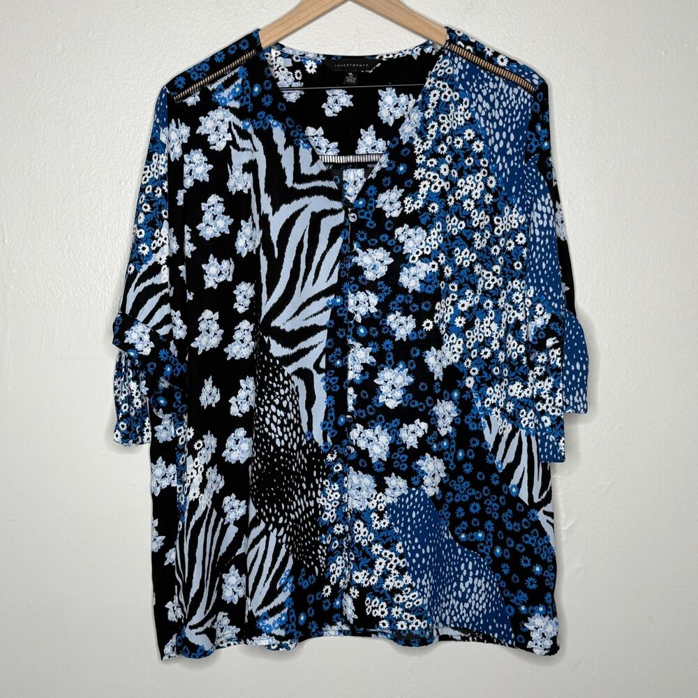 Investments Womens Blouse XL Blue Black Floral Button Front Flowy Career Office‎